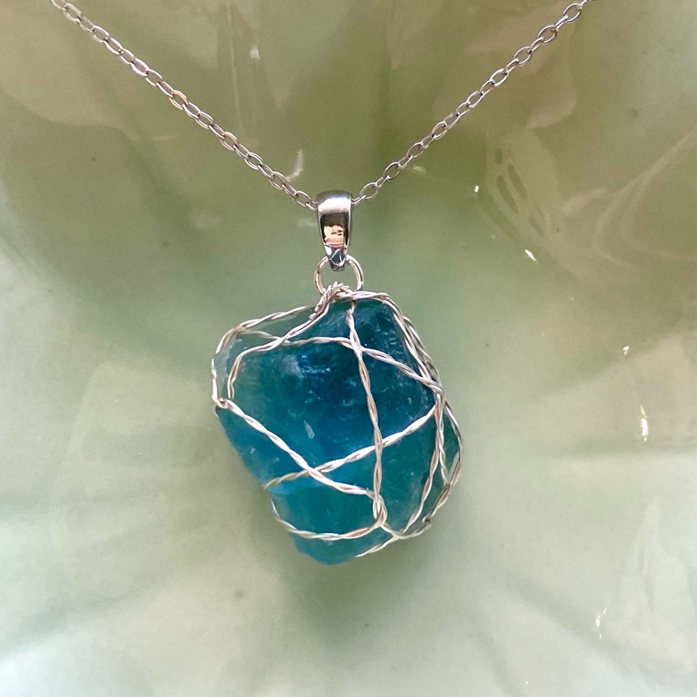 Raw Blue Fluorite silver Wire Wrapped pendant P22